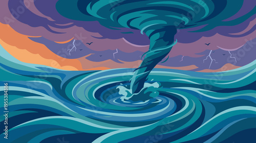 An abstract depiction of a tornado spiraling over tumultuous ocean waves, capturing the dynamic forces of nature through bold colors and dramatic imagery.