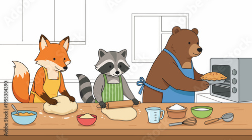 A charming scene featuring a fox, raccoon, and bear baking in a bright kitchen, emphasizing teamwork and creativity in a whimsical and playful setting.