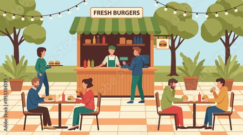A lively outdoor burger stand bustling with customers enjoying delicious meals, presenting a vibrant scene of togetherness and food enjoyment in a park-like setting.