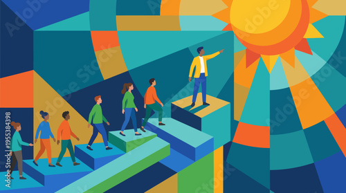 An inspiring abstract illustration depicting a diverse group of individuals ascending steps towards a bright sun, symbolizing innovation, hope, and collective progress.