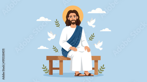 A serene illustration of a religious figure seated calmly, surrounded by peaceful doves and symbols of tranquility, representing love, compassion, and guidance within a spiritual context.