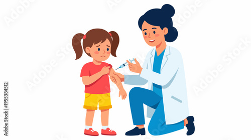 A young girl expressing nervousness while a caring healthcare professional administers a vaccination shot, illustrating the importance of health care and child welfare in society.