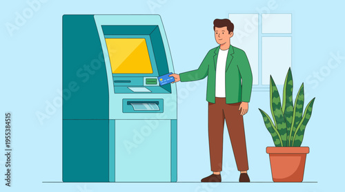 A cheerful young man interacting with an ATM in a well-lit indoor setting, showcasing modern banking convenience and the simple process of withdrawing cash or checking balances.