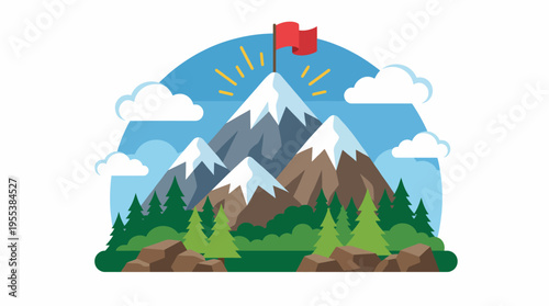 A picturesque mountain landscape featuring snow-capped peaks, a waving red flag, and lush greenery, symbolizing nature's beauty and outdoor adventure.