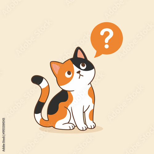 An inquisitive calico cat with a questioning expression, sitting in a delightful pose to evoke curiosity and wonder, making it ideal for pet-related content and illustrations.