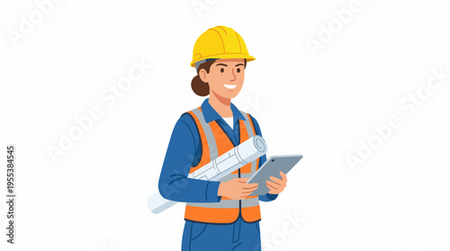 A confident female construction worker in a safety vest and hard hat, holding blueprints, representing empowerment and professionalism in the construction industry and women in trades.