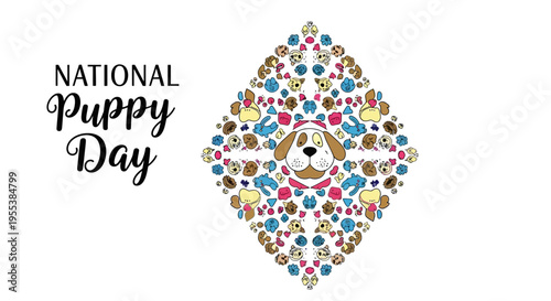 Vector illustration of a cute puppy surrounded by colorful dog breeds for National Puppy Day celebration with a playful lifestyle and adorable companionship concept.