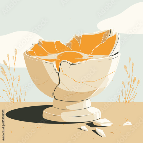Minimal Kintsugi Repaired Ceramic Bowl Illustration
