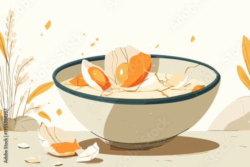 Minimal Kintsugi Repaired Ceramic Bowl Illustration