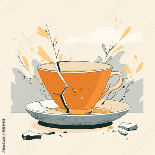 Minimal Kintsugi Repaired Ceramic Bowl Illustration