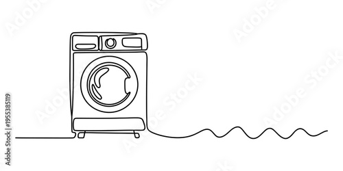 A single continuous line drawing of a modern washing machine appliance isolated on white background Vector, illustration