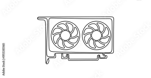 A simple black and white line art illustration of a dual fan computer graphics processing unit Vector, illustration