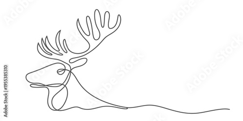 Minimalist continuous line drawing of a majestic deer head with large antlers on white background Vector, illustration