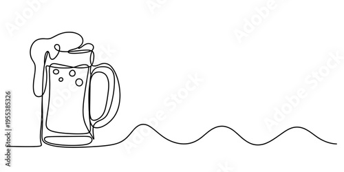 A continuous line drawing of a frothy beer mug resting on a decorative wavy horizontal baseline Vector, illustration