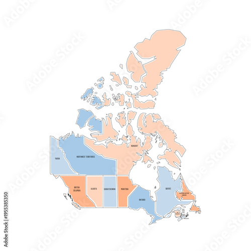 Canada political map of administrative divisions - provinces and territories. Colorful handdrawn doodle style map with black outline borders and name labels.