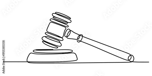 A single continuous line drawing of a wooden judge gavel resting on a block for legal proceedings Vector, illustration