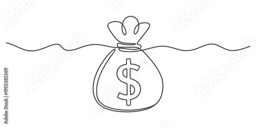 A single continuous line drawing of a money bag with a dollar sign symbol on a plain white background Vector, illustration