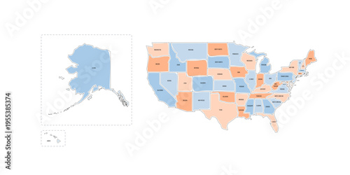 United States of America political map of administrative divisions - states and federal district Washington, D.C. Colorful handdrawn doodle style map with black outline borders and name labels.