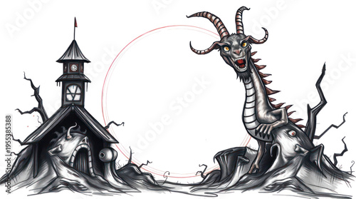 Horror Fantasy Illustration Featuring a Scary Horned Monster and a Haunted Dark Clock Tower Against a Transparent Background