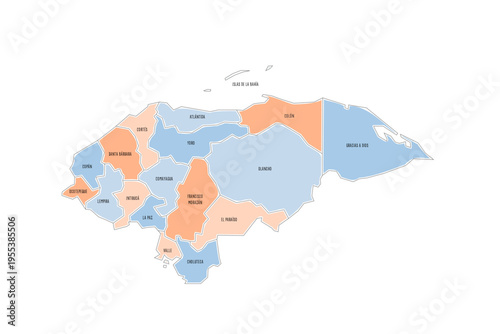 Honduras political map of administrative divisions - departments. Colorful handdrawn doodle style map with black outline borders and name labels.