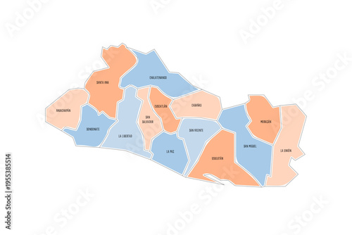 El Salvador political map of administrative divisions - departments. Colorful handdrawn doodle style map with black outline borders and name labels.