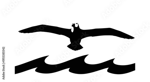 Seagull flying over ocean waves.