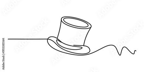 A continuous line drawing of a classic top hat created with a single minimalist black ink stroke Vector, illustration