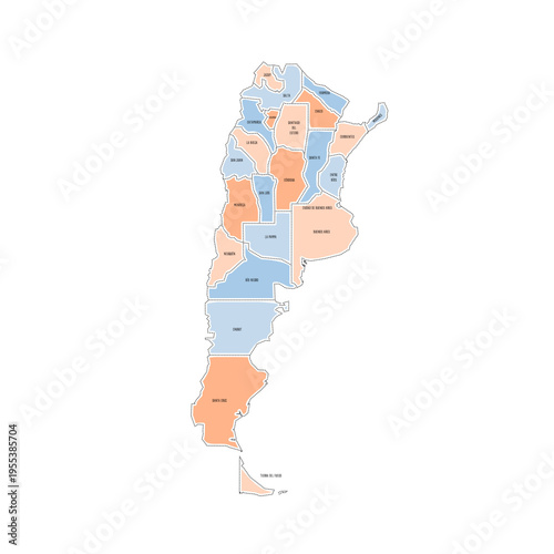 Argentina political map of administrative divisions - provinces and autonomous city of Buenos Aires. Colorful handdrawn doodle style map with black outline borders and name labels.