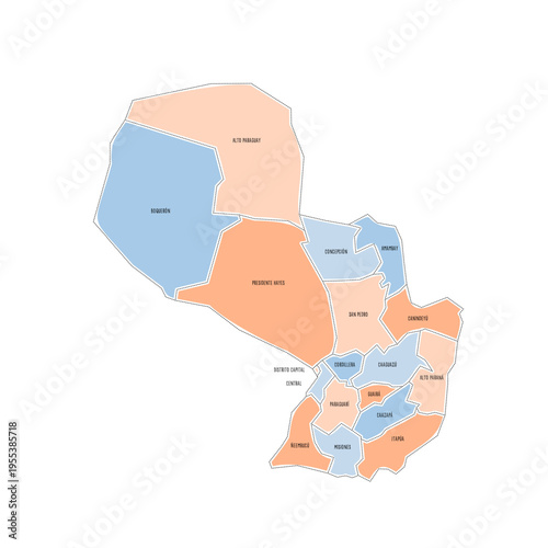 Paraguay political map of administrative divisions - departments and capital district. Colorful handdrawn doodle style map with black outline borders and name labels.