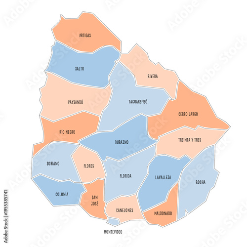 Uruguay political map of administrative divisions - departments. Colorful handdrawn doodle style map with black outline borders and name labels.