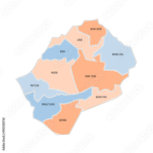 Lesotho political map of administrative divisions - districts. Colorful handdrawn doodle style map with black outline borders and name labels.