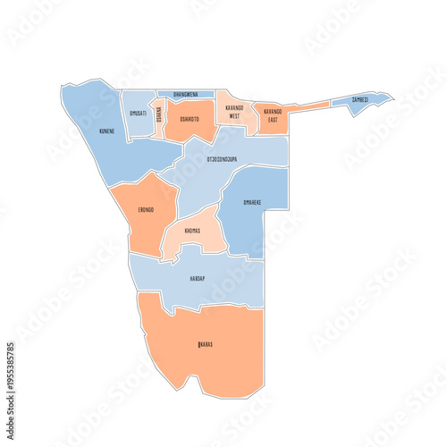 Namibia political map of administrative divisions - regions. Colorful handdrawn doodle style map with black outline borders and name labels.