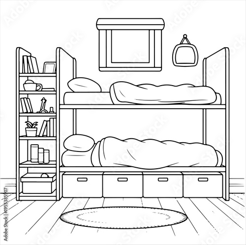 Detailed bunk bed bedroom line drawing with shelves and decor, ideal for coloring page or interior design
