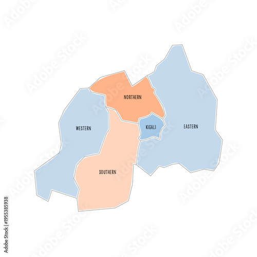 Rwanda political map of administrative divisions - provinces. Colorful handdrawn doodle style map with black outline borders and name labels.