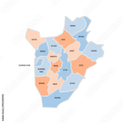 Burundi political map of administrative divisions - provinces. Colorful handdrawn doodle style map with black outline borders and name labels.