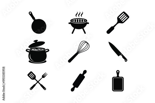 set of cooking utensils and kitchenware flat design vector illustration
