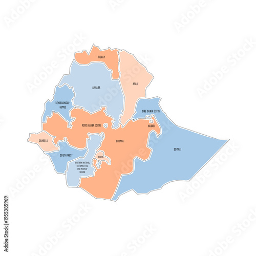 Ethiopia political map of administrative divisions - regions and chartered cities. Colorful handdrawn doodle style map with black outline borders and name labels.