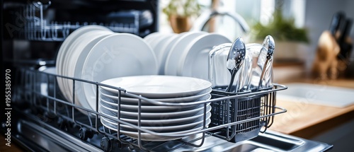 clean plates in a dishwasher basket. contemporary kitchen.