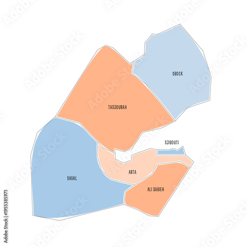 Djibouti political map of administrative divisions - regions. Colorful handdrawn doodle style map with black outline borders and name labels.