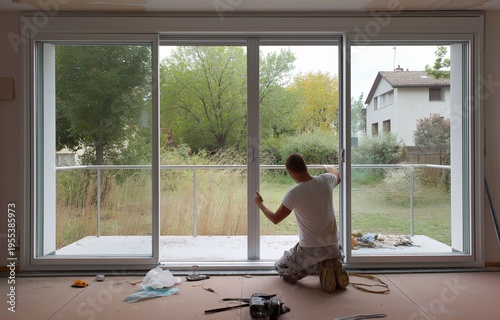 A worker installing sliding patio doors with aluminum frames