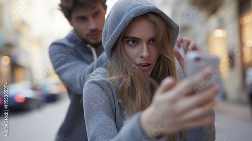 A scared young woman is the target of a male thief's attempt to take her smartphone.