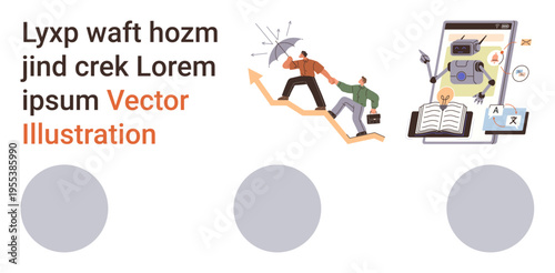 Artificial intelligence, teamwork, business growth, translations, technology integration, innovation. Robot explaining text on a device and helping about collaboration. AI translation and teamwork