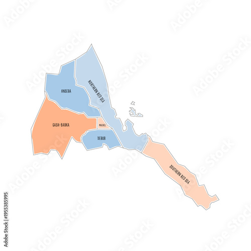 Eritrea political map of administrative divisions - regions. Colorful handdrawn doodle style map with black outline borders and name labels.