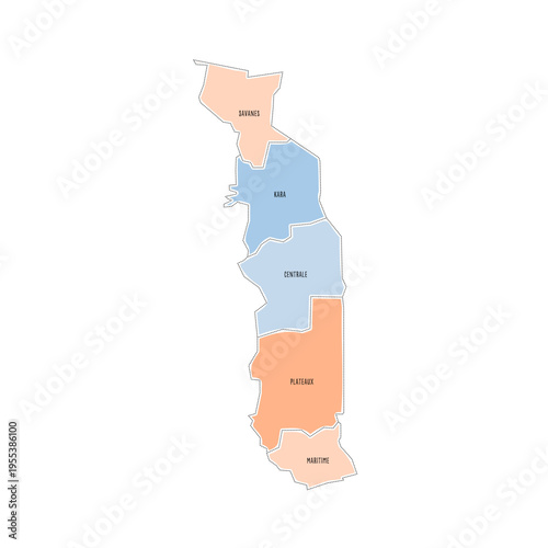 Togo political map of administrative divisions - regions. Colorful handdrawn doodle style map with black outline borders and name labels.