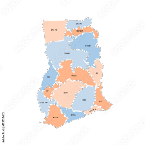 Ghana political map of administrative divisions - regions. Colorful handdrawn doodle style map with black outline borders and name labels.