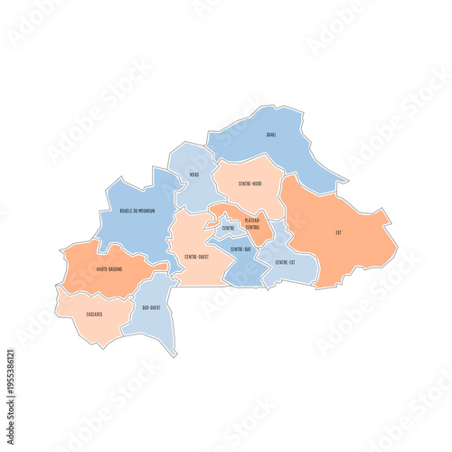 Burkina Faso political map of administrative divisions - regions. Colorful handdrawn doodle style map with black outline borders and name labels.
