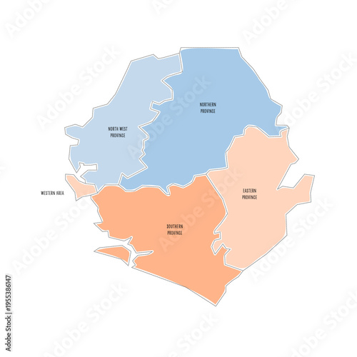 Sierra Leone political map of administrative divisions - provinces and one area. Colorful handdrawn doodle style map with black outline borders and name labels.
