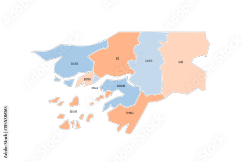 Guinea-Bissau political map of administrative divisions - regions and autonomous sector of Bissau. Colorful handdrawn doodle style map with black outline borders and name labels.