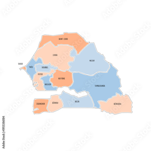 Senegal political map of administrative divisions - regions. Colorful handdrawn doodle style map with black outline borders and name labels.