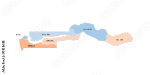 The Gambia political map of administrative divisions - regions and city of Banjul. Colorful handdrawn doodle style map with black outline borders and name labels.